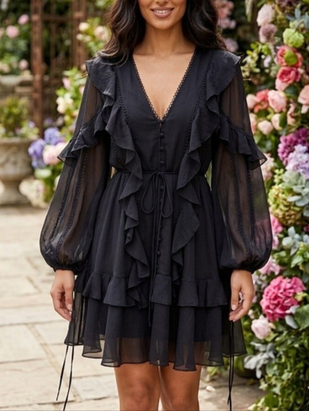 ASOS Black Ruffle mini dress with button front and lace. Size 12